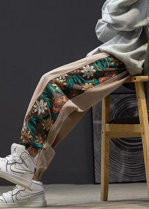 Khaki Pockets Patchwork Cotton Crop Pants Embroideried