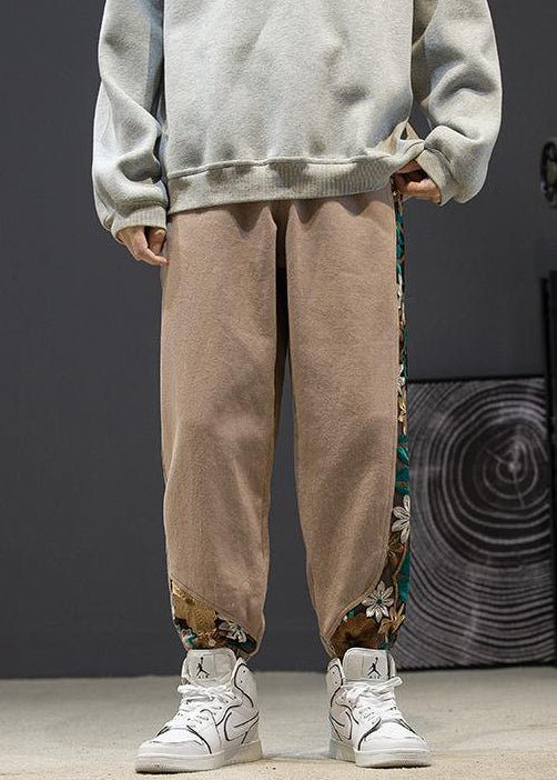 Khaki Pockets Patchwork Cotton Crop Pants Embroideried