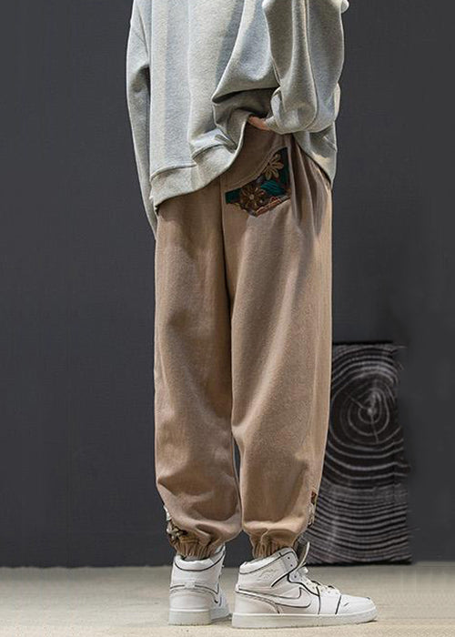 Khaki Pockets Patchwork Cotton Crop Pants Embroideried