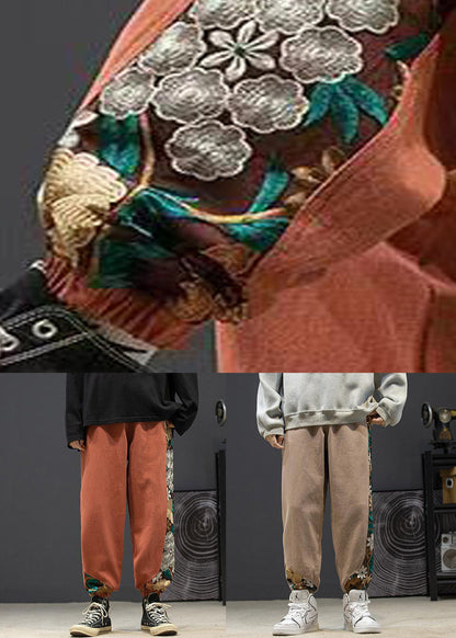 Khaki Pockets Patchwork Cotton Crop Pants Embroideried
