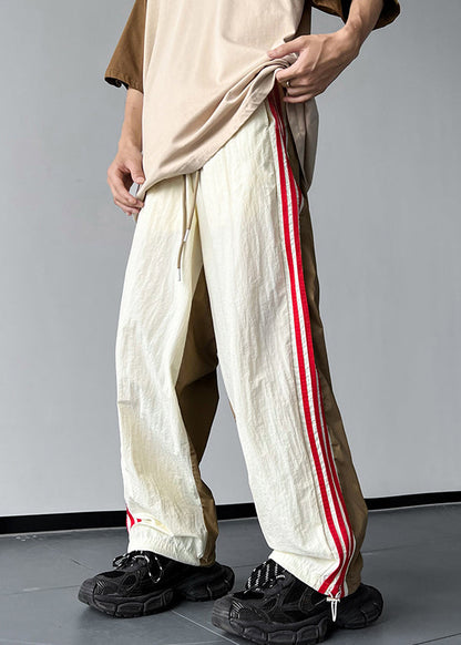 Khaki Pockets Patchwork Cotton Pants Elastic Waist
