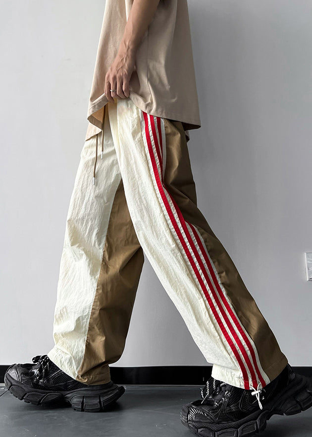 Khaki Pockets Patchwork Cotton Pants Elastic Waist