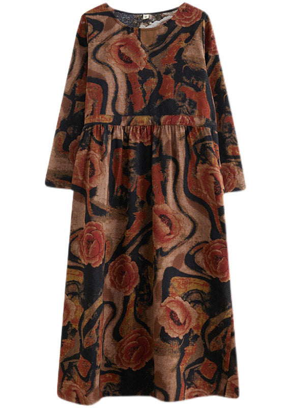 Khaki Pockets Print Cotton Holiday Dress O-neck Long Sleeve