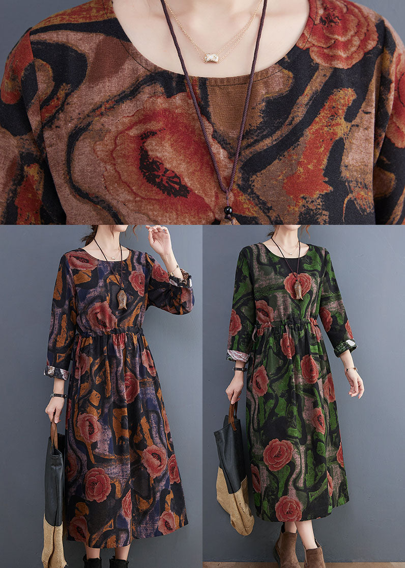 Khaki Pockets Print Cotton Holiday Dress O-neck Long Sleeve