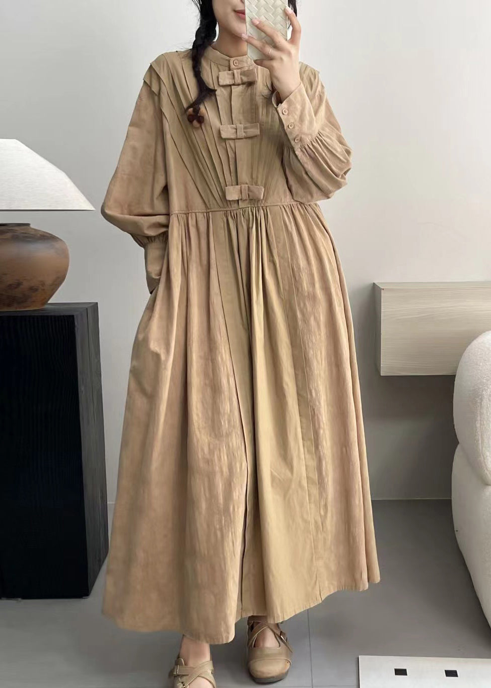 Khaki Pockets Cotton Dresses Stand Collar Spring