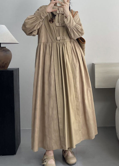 Khaki Pockets Cotton Dresses Stand Collar Spring