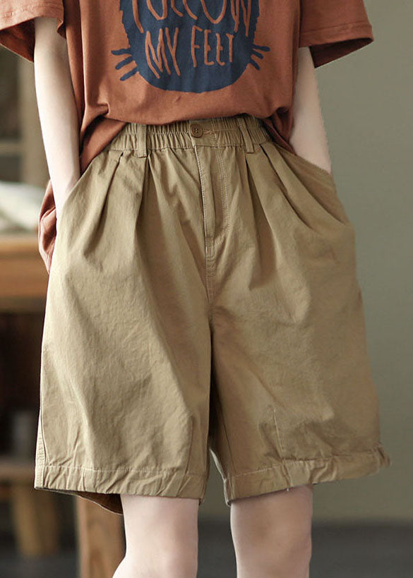Khaki Pockets Cotton Overalls Shorts Elastic Waist Summer