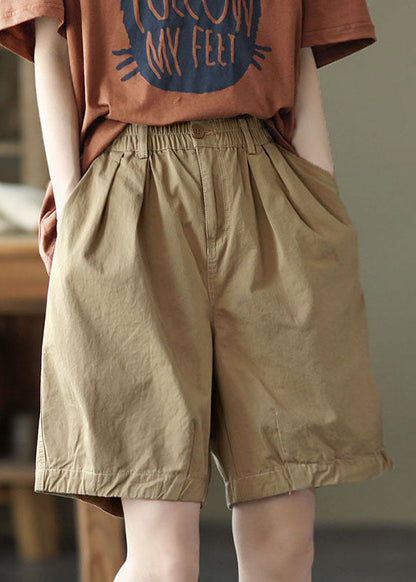 Khaki Pockets Cotton Overalls Shorts Elastic Waist Summer