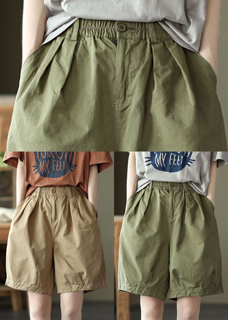 Khaki Pockets Cotton Overalls Shorts Elastic Waist Summer
