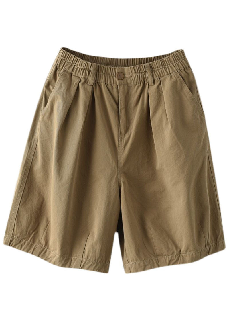 Khaki Pockets Cotton Overalls Shorts Elastic Waist Summer