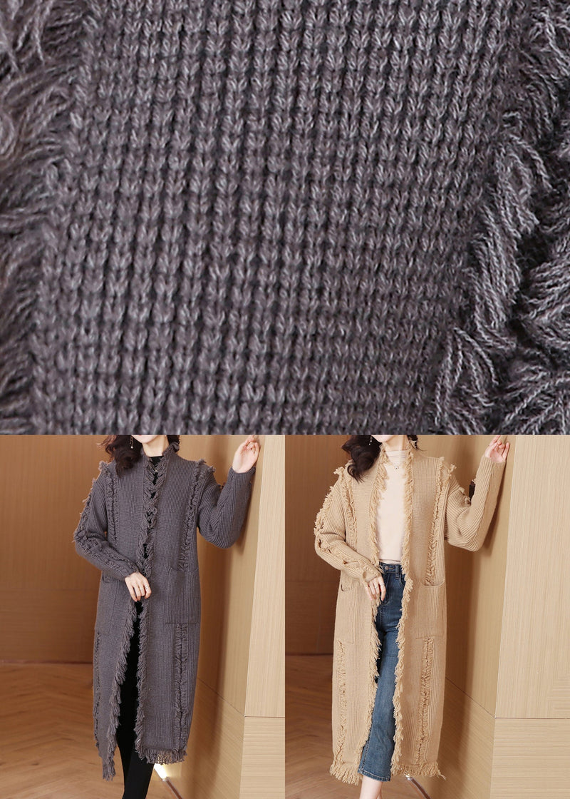 Khaki Pockets Knit Winter Loose Cardigans Tasseled