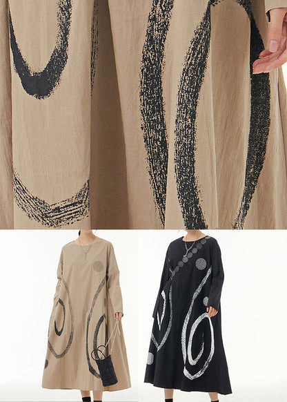 Khaki Print Cotton Long Dress O-neck Oversized Spring