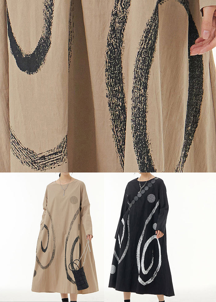 Khaki Print Cotton Long Dress O-neck Oversized Spring