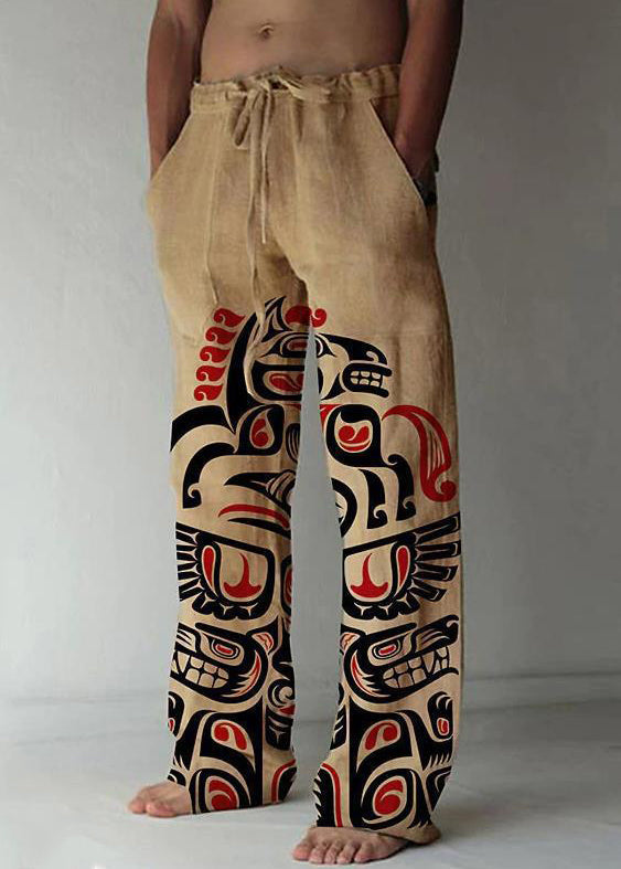 Khaki Print Pockets Cotton Pants Elastic Waist Summer