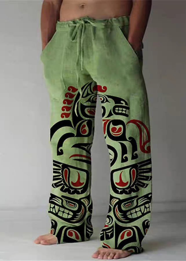 Khaki Print Pockets Cotton Pants Elastic Waist Summer