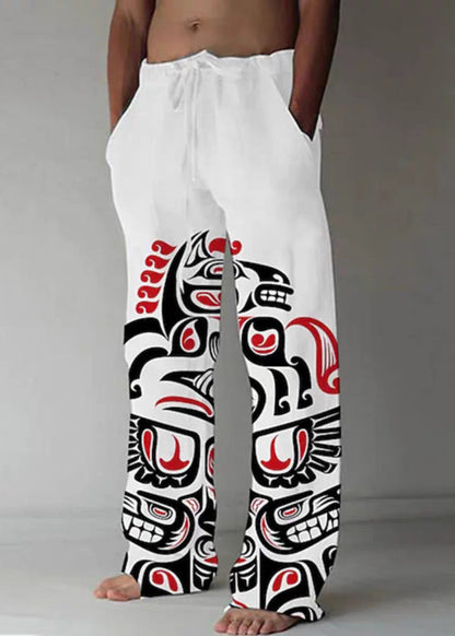 Khaki Print Pockets Cotton Pants Elastic Waist Summer