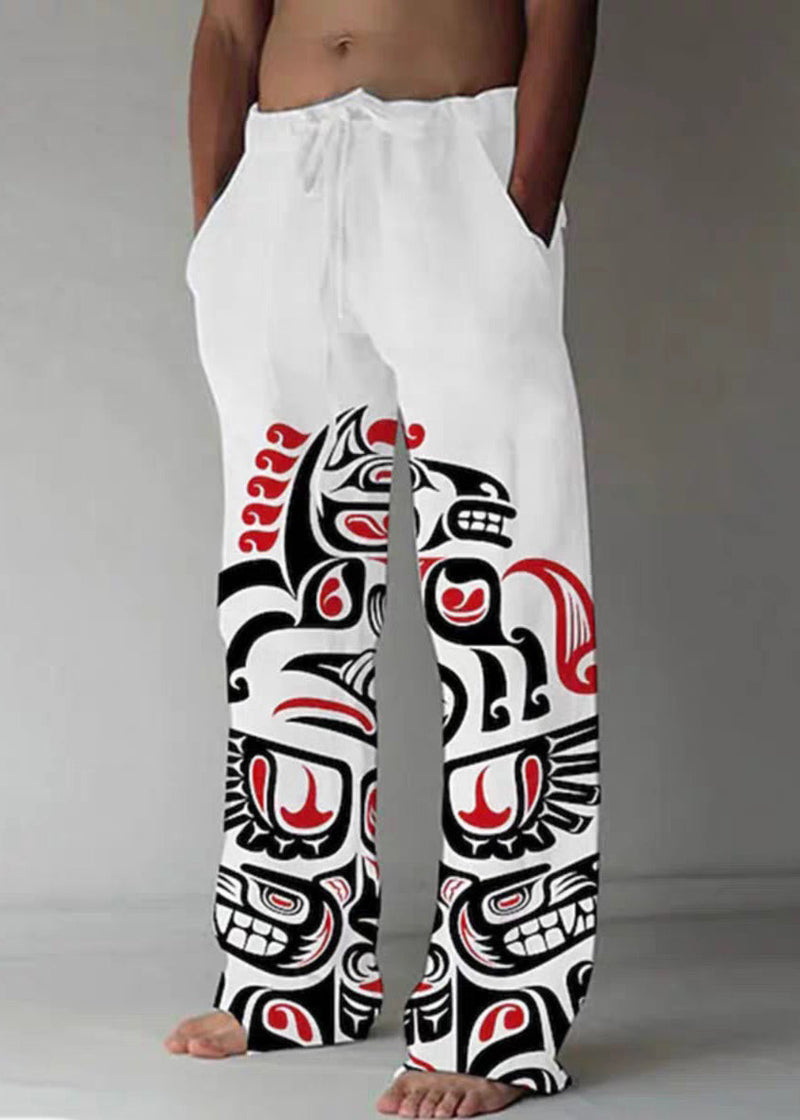 Khaki Print Pockets Cotton Pants Elastic Waist Summer