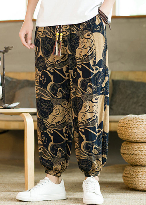 Khaki Print Pockets Cotton Beam Pants Elastic Waist