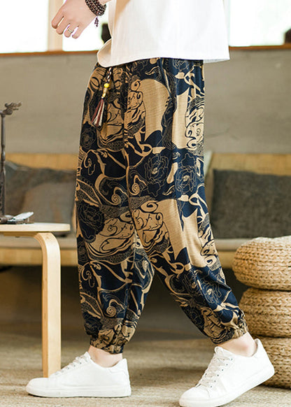 Khaki Print Pockets Cotton Beam Pants Elastic Waist