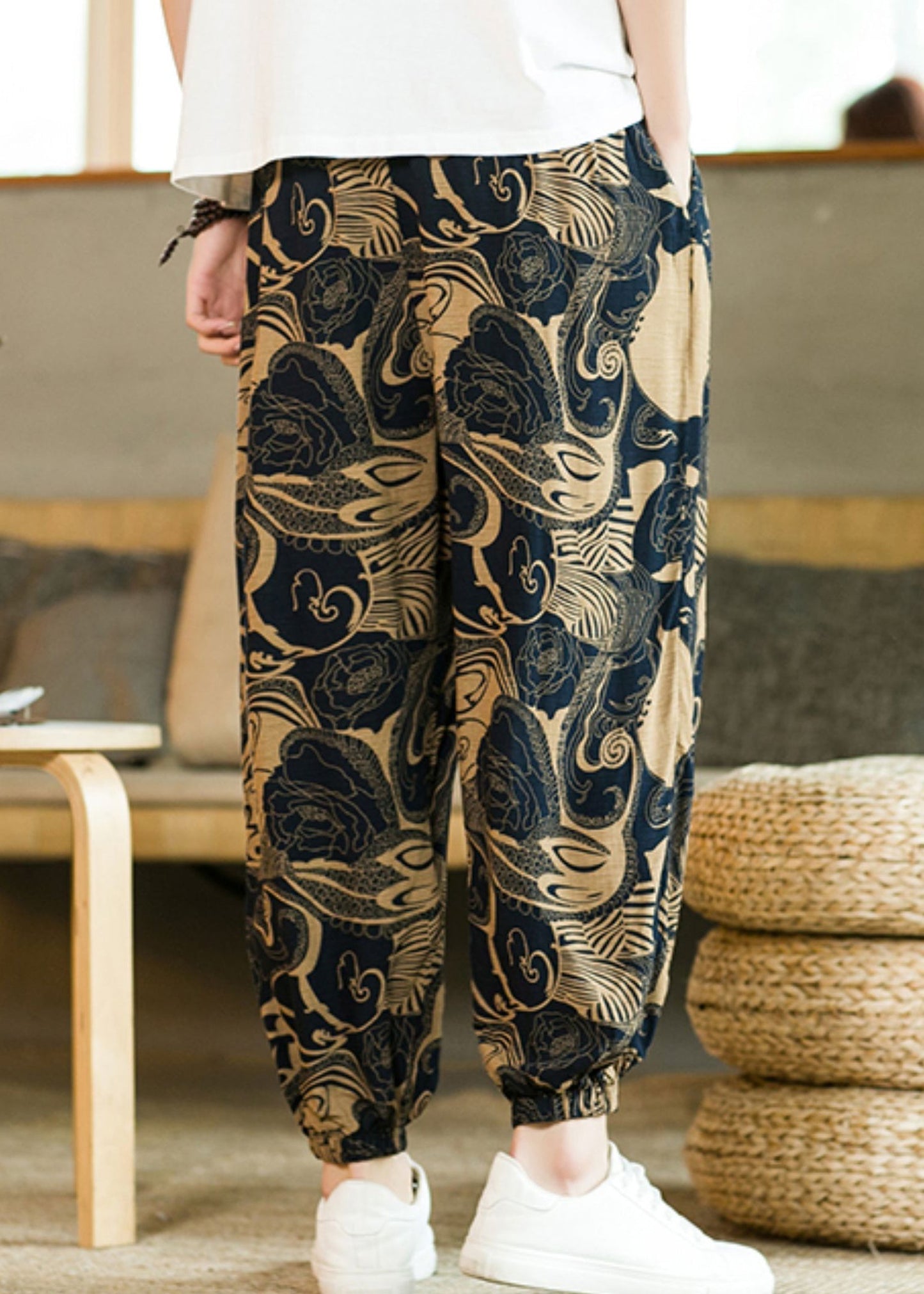 Khaki Print Pockets Cotton Beam Pants Elastic Waist