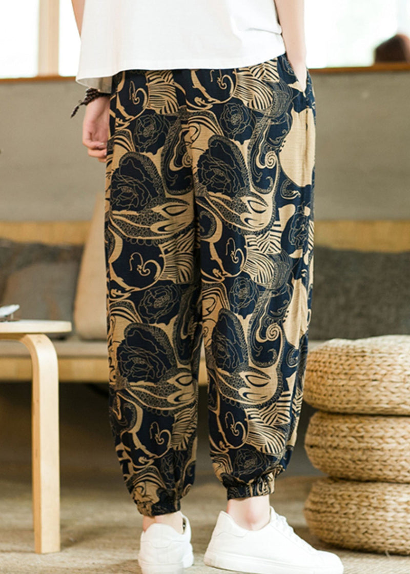 Khaki Print Pockets Cotton Beam Pants Elastic Waist