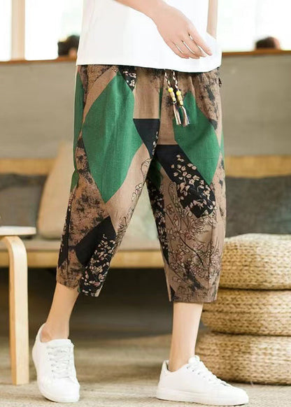 Khaki Print Pockets Cotton Crop Pants Elastic Waist
