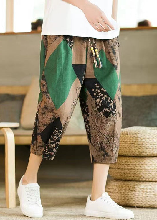 Khaki Print Pockets Cotton Crop Pants Elastic Waist