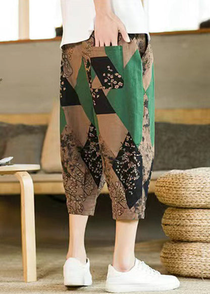 Khaki Print Pockets Cotton Crop Pants Elastic Waist