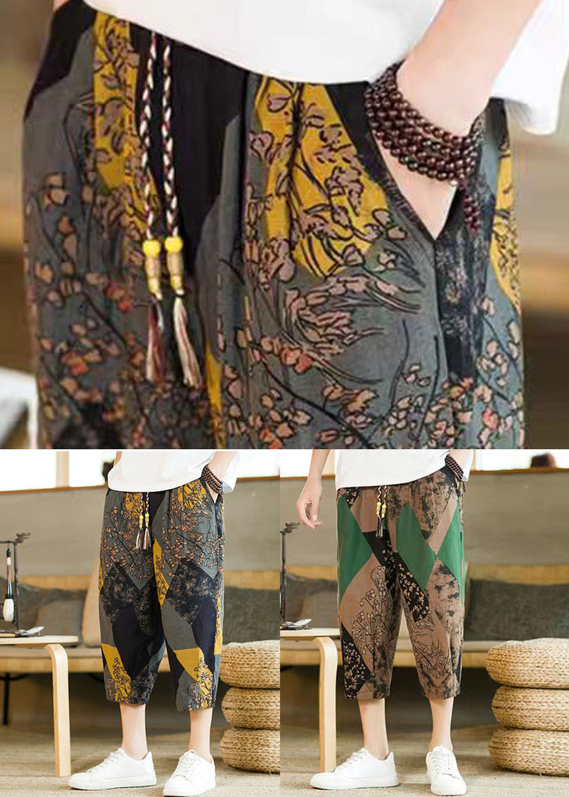 Khaki Print Pockets Cotton Crop Pants Elastic Waist