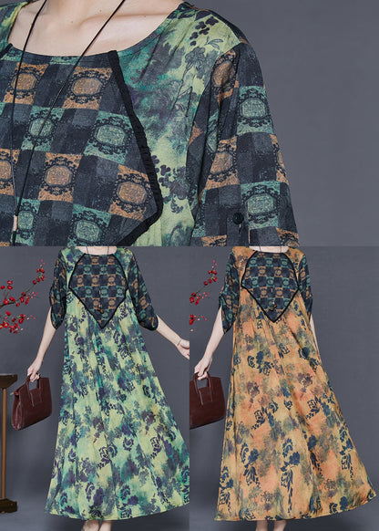 Khaki Print Silk Holiday Dress Oversized Spring