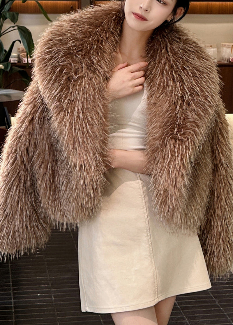 Khaki Raccoon Hair Collar Leather and Fur Coat Winter