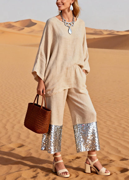 Khaki Sequins Patchwork Tops and Wide Leg Pants Two Pieces Set O Neck Spring