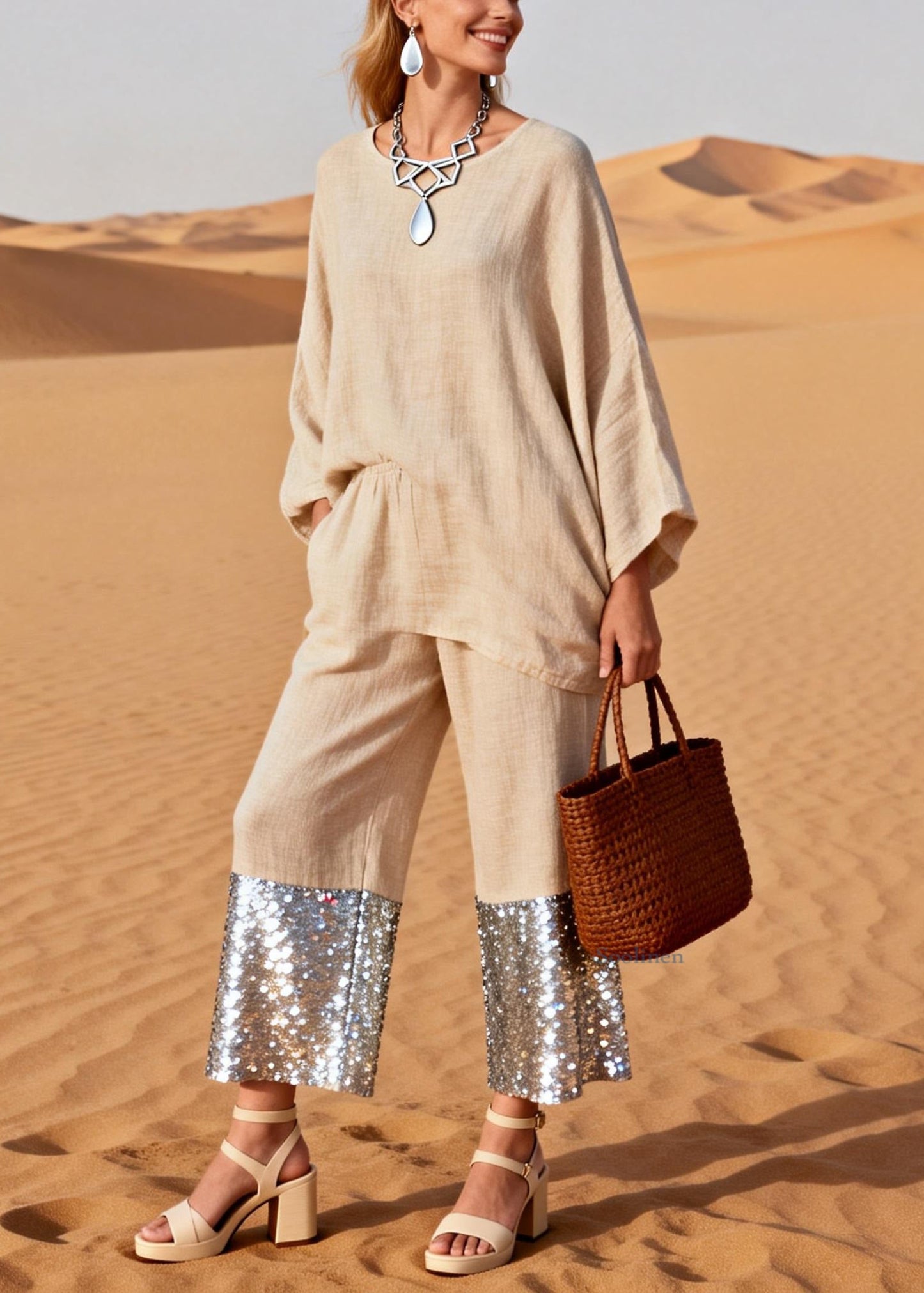 Khaki Sequins Patchwork Tops and Wide Leg Pants Two Pieces Set O Neck Spring