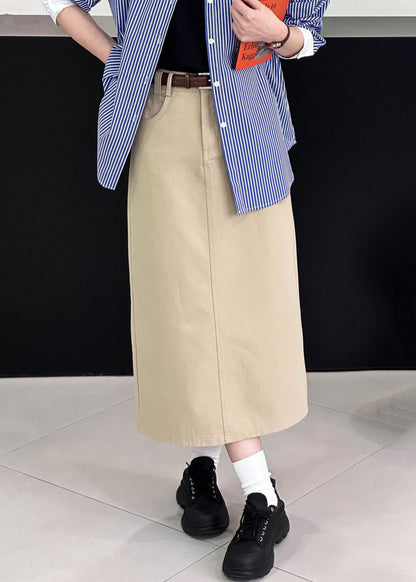 Khaki Side Open Cotton Skirt High Waist