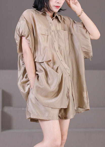 Khaki Silk Shirts and Shorts Two Piece Suit Set Drawstring Asymmetrical Button Summer