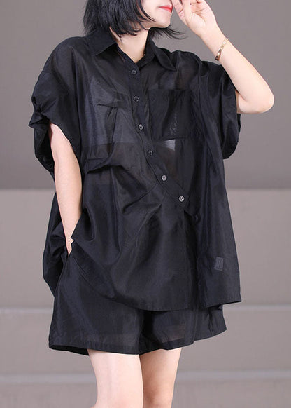 Khaki Silk Shirts and Shorts Two Piece Suit Set Drawstring Asymmetrical Button Summer