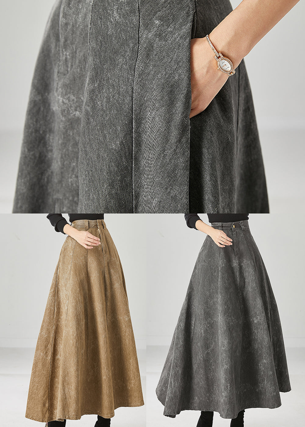 Khaki Silm Fit Cotton a Line Skirt High Waist Fall