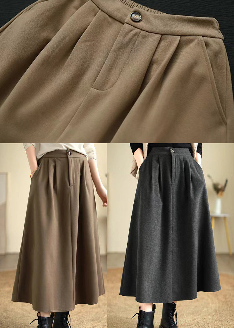 Khaki Silm Fit Woolen a Line Skirt High Waist Spring