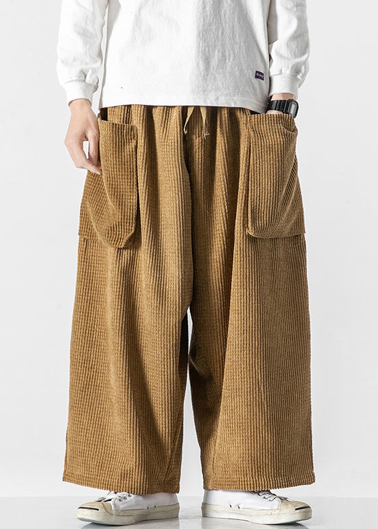 Khaki Corduroy Fall Wide Leg Pants Elastic Waist