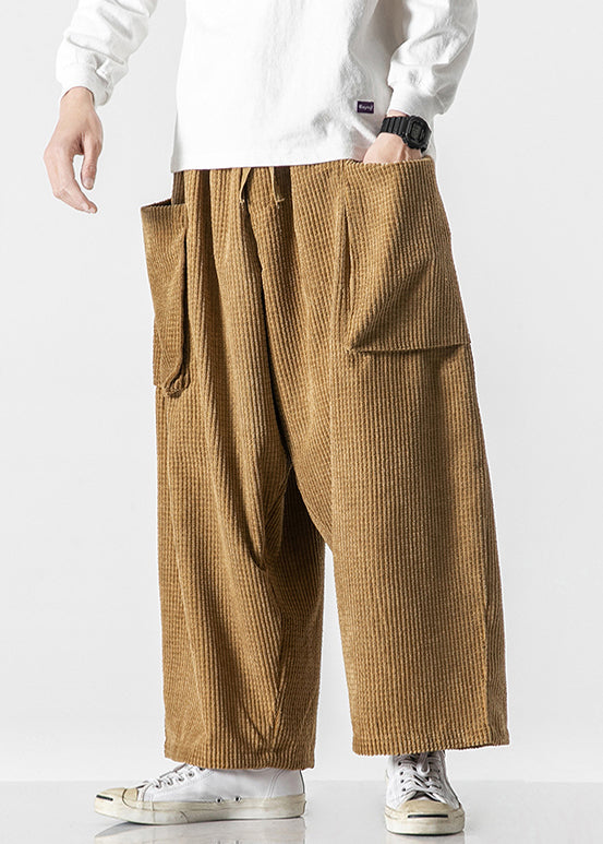 Khaki Corduroy Fall Wide Leg Pants Elastic Waist