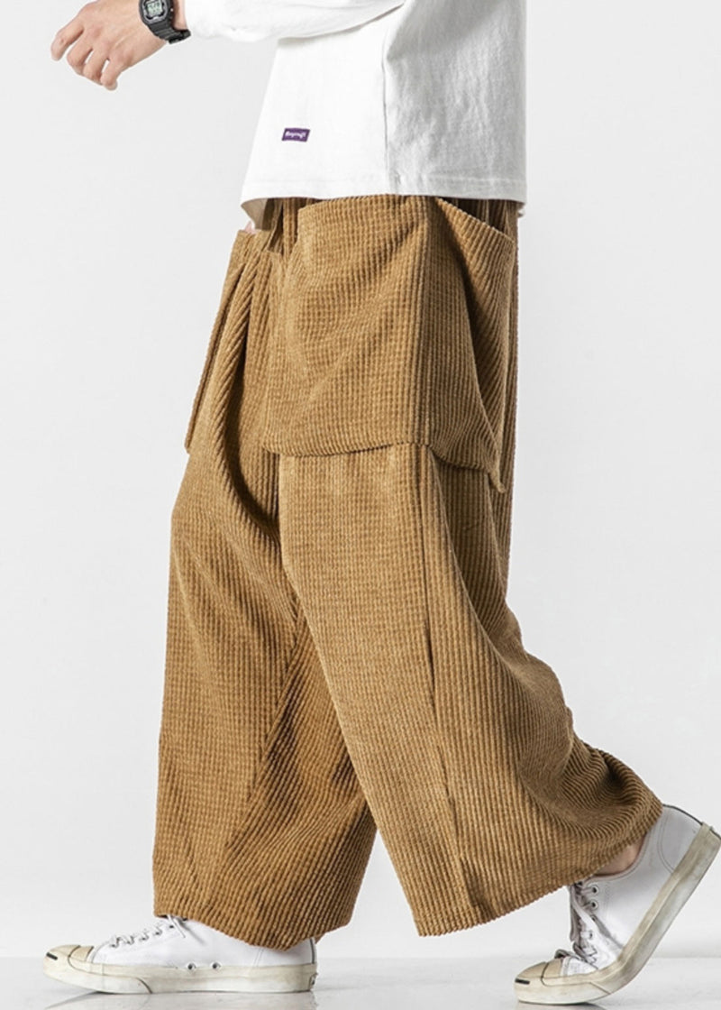 Khaki Corduroy Fall Wide Leg Pants Elastic Waist
