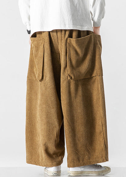 Khaki Corduroy Fall Wide Leg Pants Elastic Waist