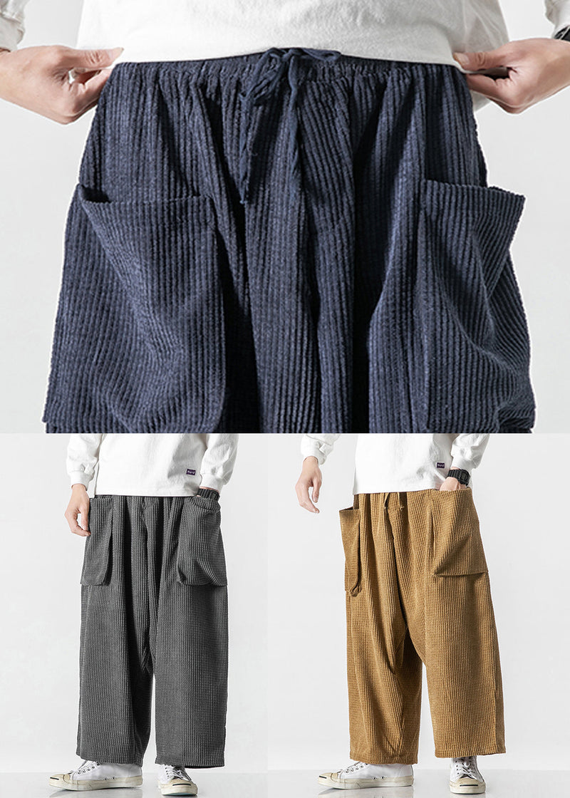 Khaki Corduroy Fall Wide Leg Pants Elastic Waist