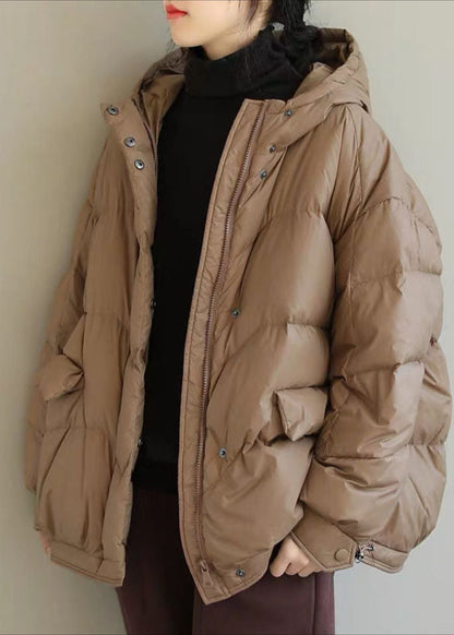 Khaki Duck Down Puffer Jacket Hooded Pockets Winter