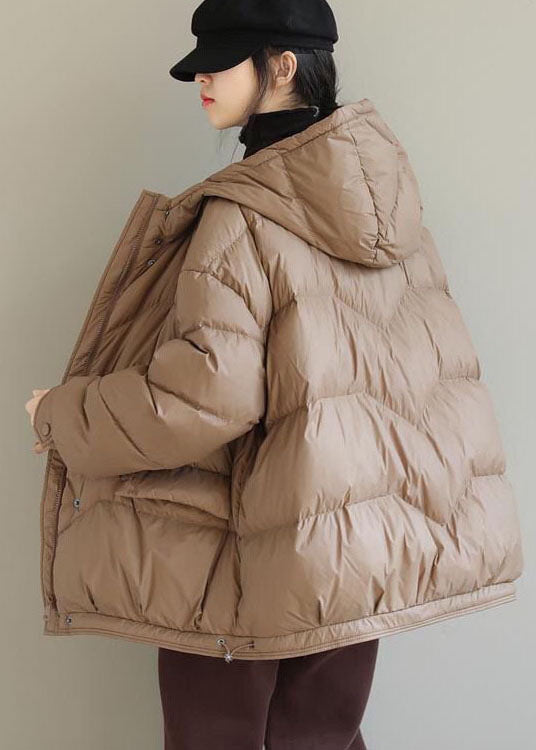 Khaki Duck Down Puffer Jacket Hooded Pockets Winter
