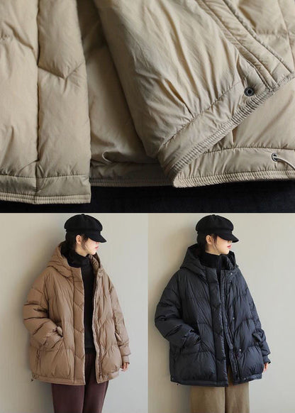 Khaki Duck Down Puffer Jacket Hooded Pockets Winter
