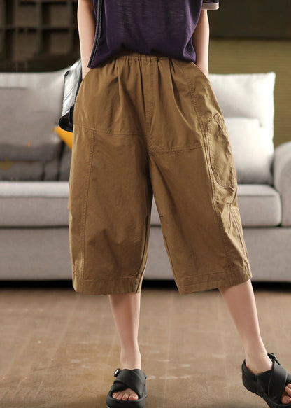 Khaki Loose Cotton Summer Crop Pants Elastic Waist