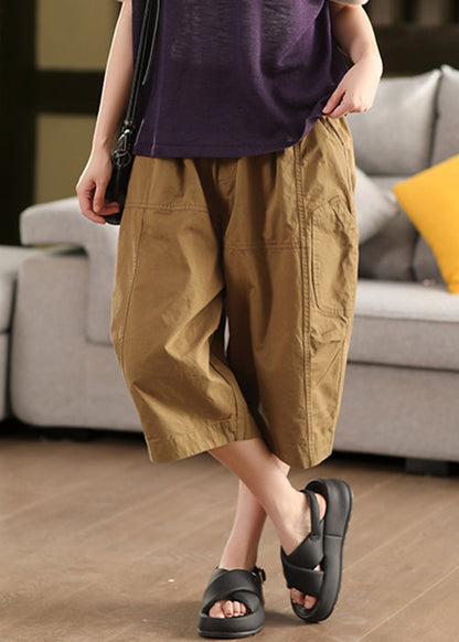 Khaki Loose Cotton Summer Crop Pants Elastic Waist