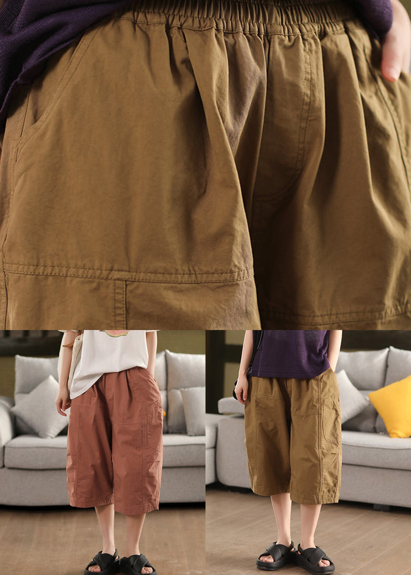 Khaki Loose Cotton Summer Crop Pants Elastic Waist