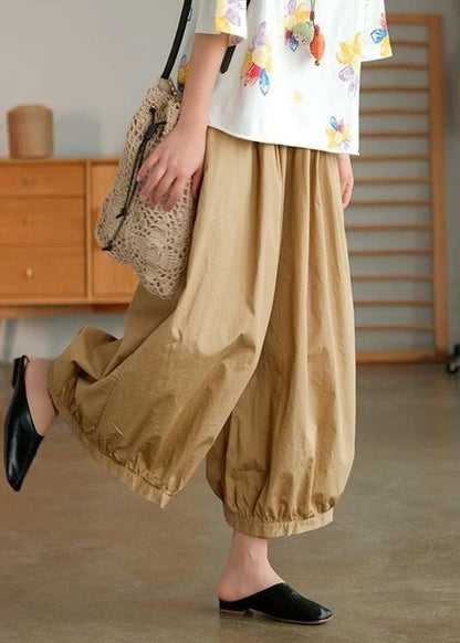 Khaki Pockets Cotton Wide Leg Pants High Waist Summer